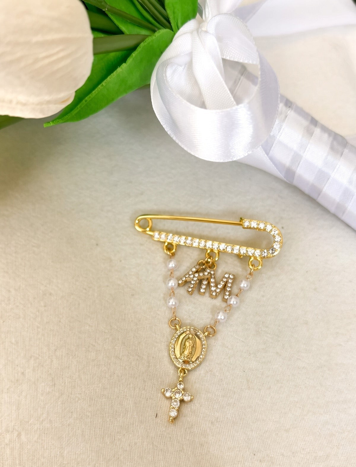 Wedding Bridal Bouquet charm; Religious cross and Virgin Mary Personalised Brooch gift