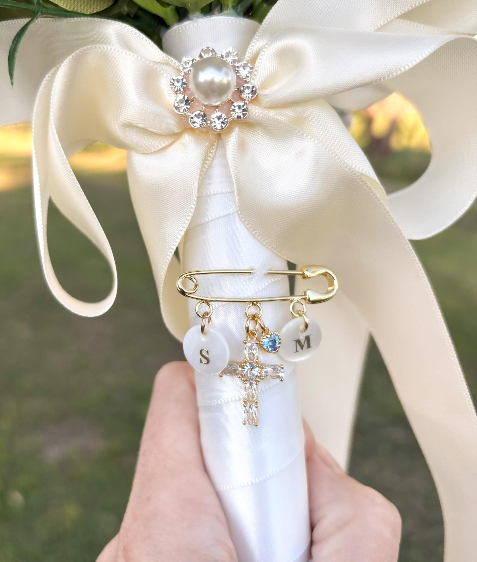 Wedding Bouquet Accessory Personalized Keepsake Pin Bridal Something Blue Tradition Gold Metal Design Crystal Heart Detail Custom Initial Charm Rhinestone Cross Element Wedding Day Memento Bridal Shower Present Special Occasion Jewelry