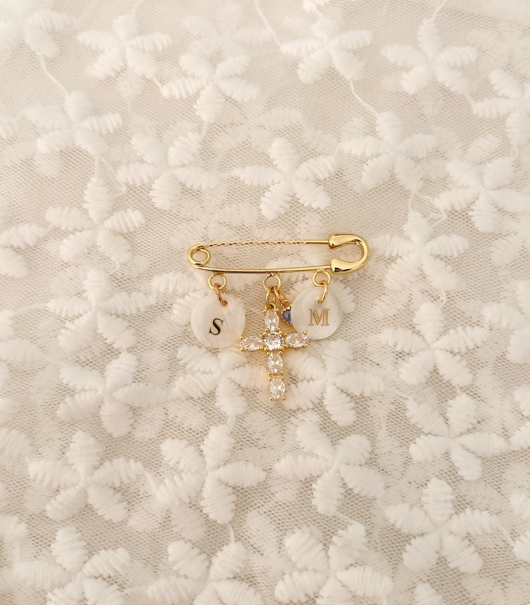 Custom Initial Pin Bouquet Accessory Wedding Keepsake Memory Gold Safety Design Rhinestone Cross Element Crystal Heart Charm Something Blue Tradition Bridal Accessory Collection Wedding Day Essential Personalized Memory Item Bouquet