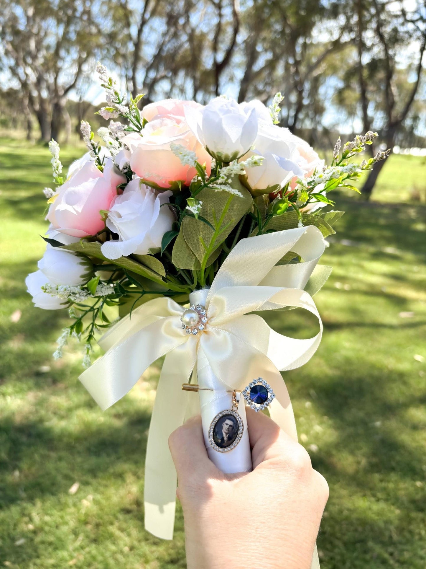 Wedding Bouquet photo charm with Gold Diamante pin