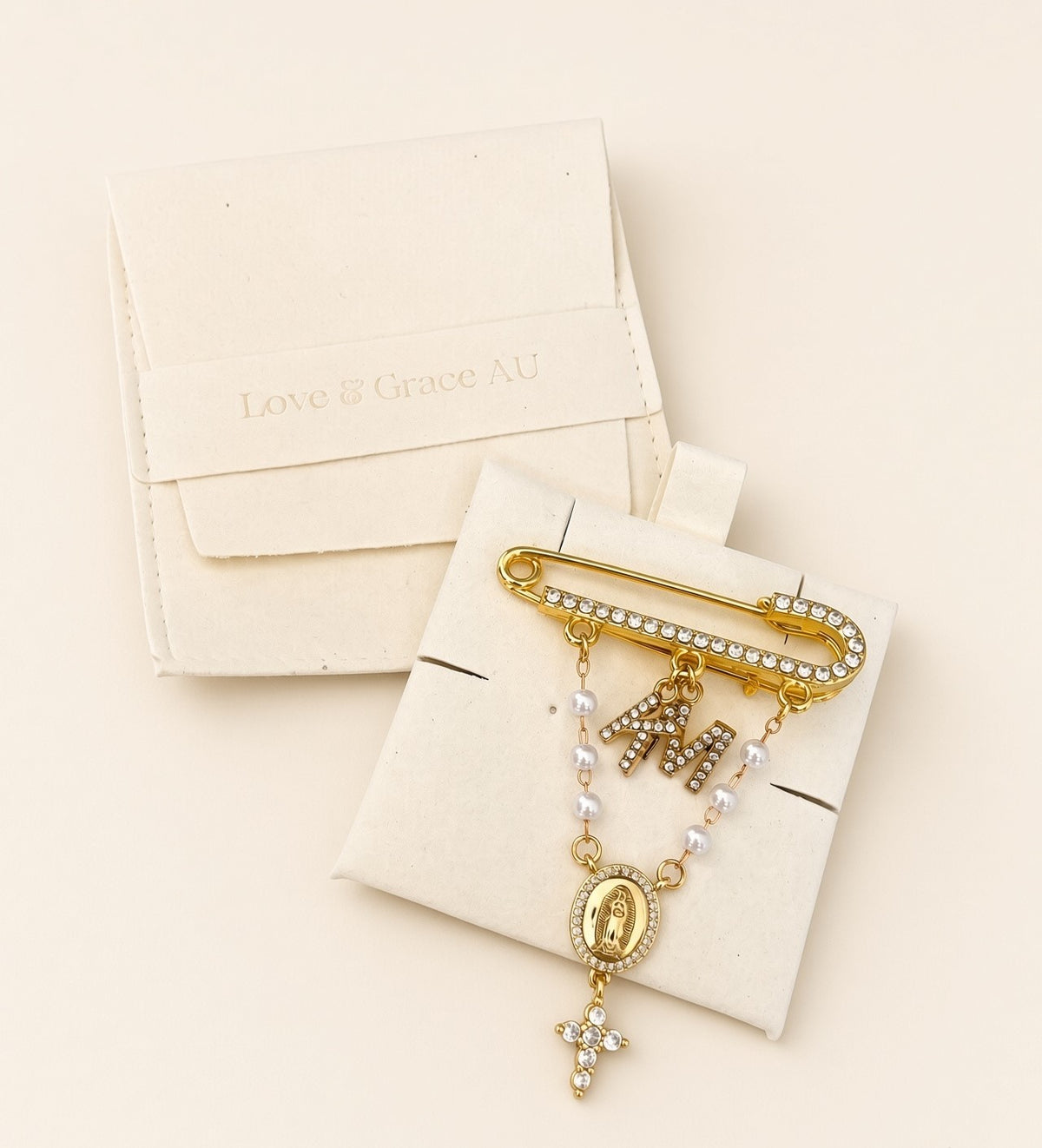 Wedding Bridal Bouquet charm; Religious cross and Virgin Mary Personalised Brooch gift