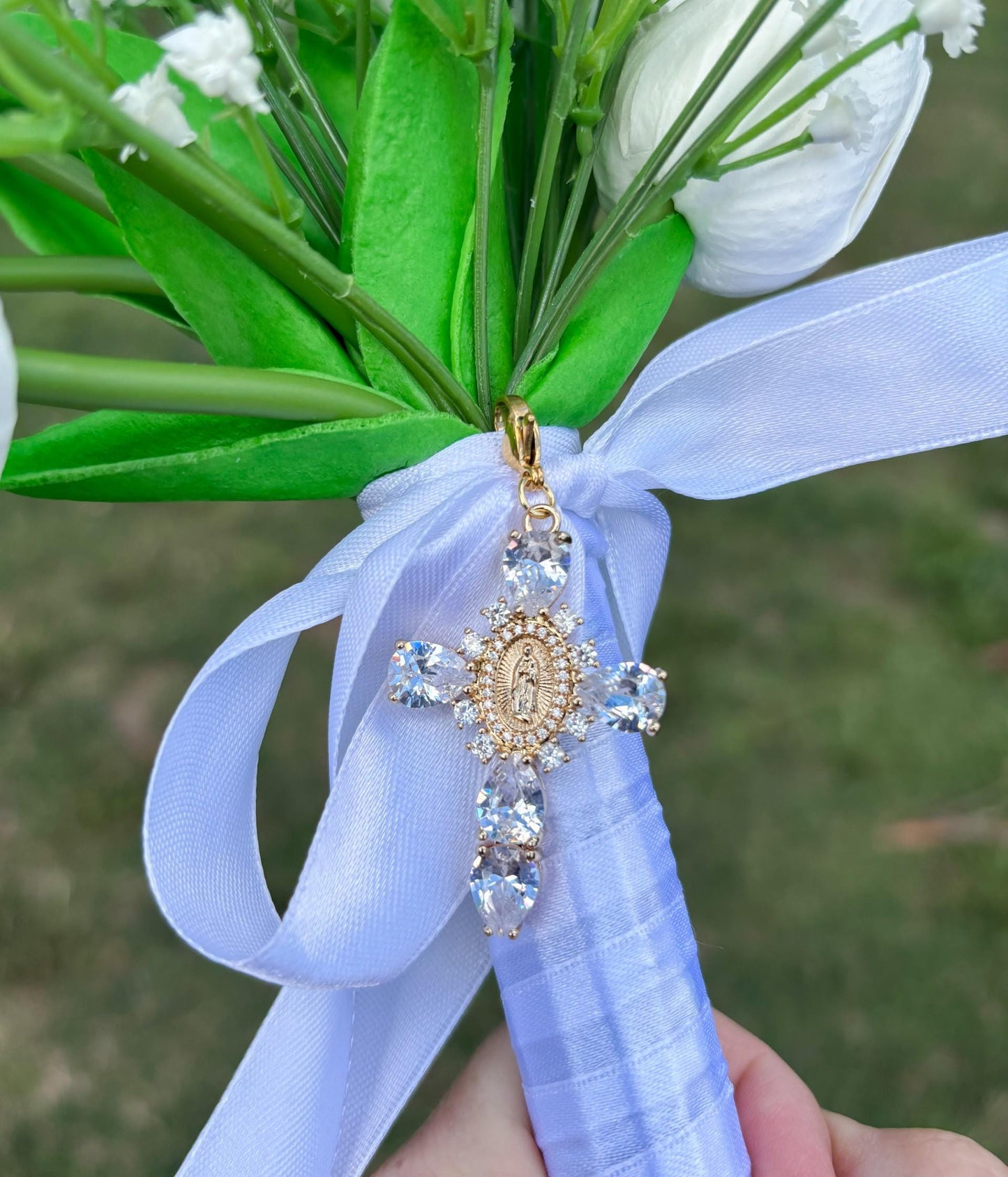 Religious Cross Bridal Bouquet Charm - Something Blue Wedding Day Gift