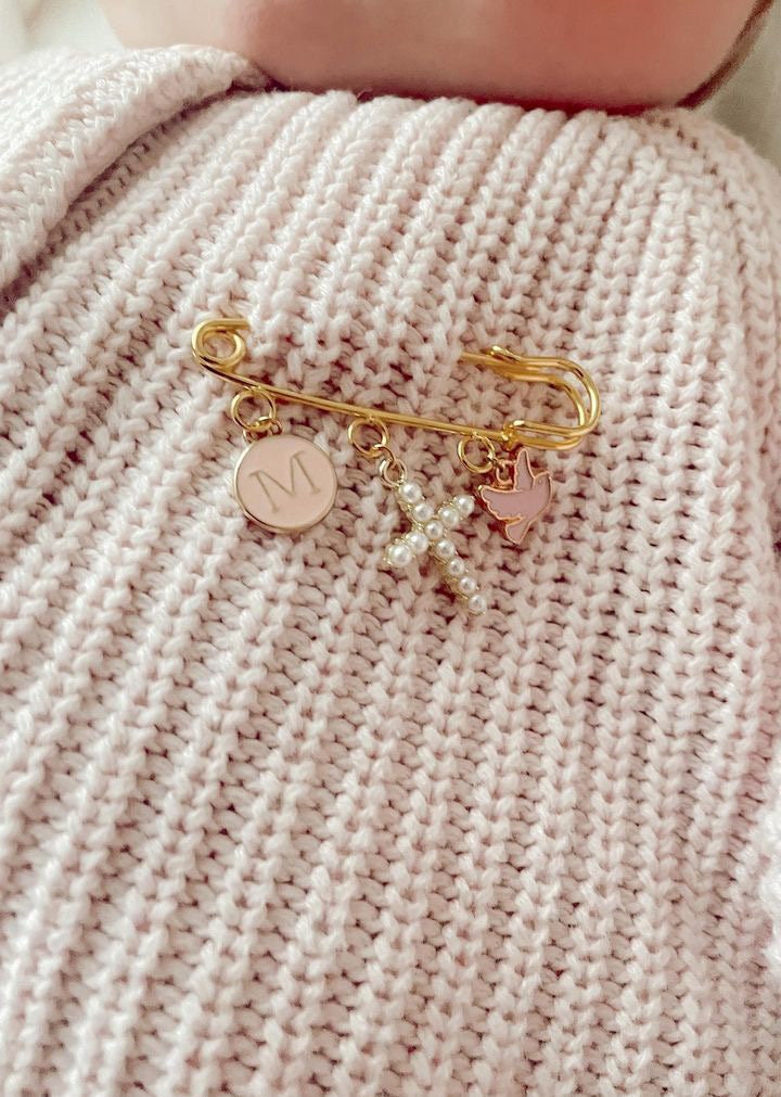 Personalized Catholic Baptism Pin: Gold Safety Pin Brooch, Baby Keepsake