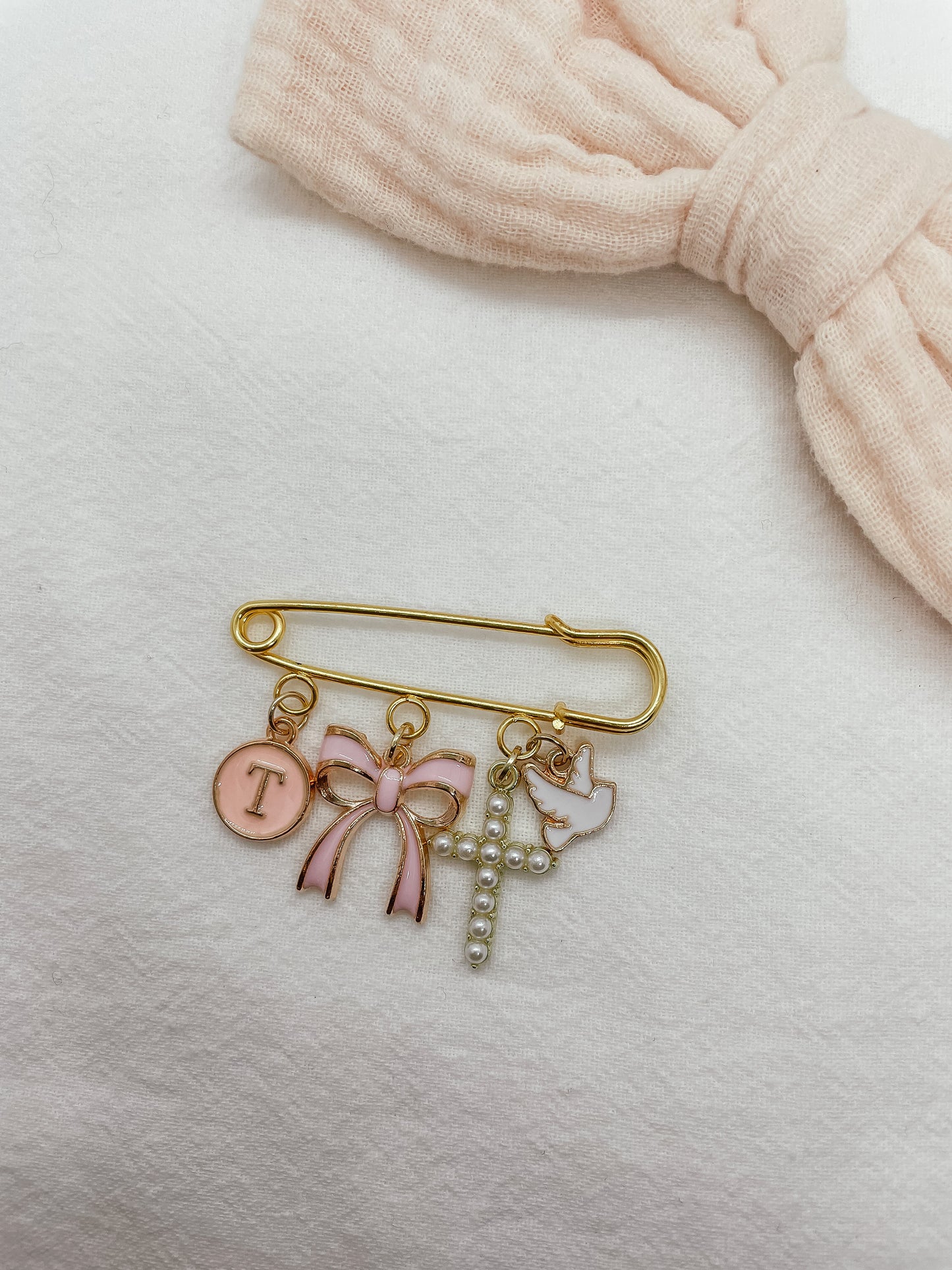 Personalized Catholic Baptism Pin: Gold Safety Pin Brooch, Baby Keepsake