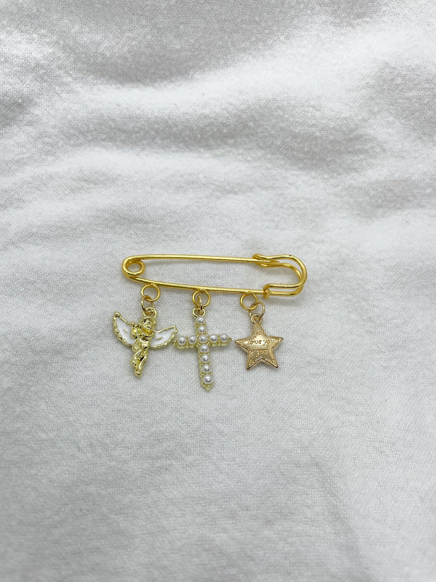 Personalized Catholic Baptism Pin: Gold Safety Pin Brooch, Baby Keepsake