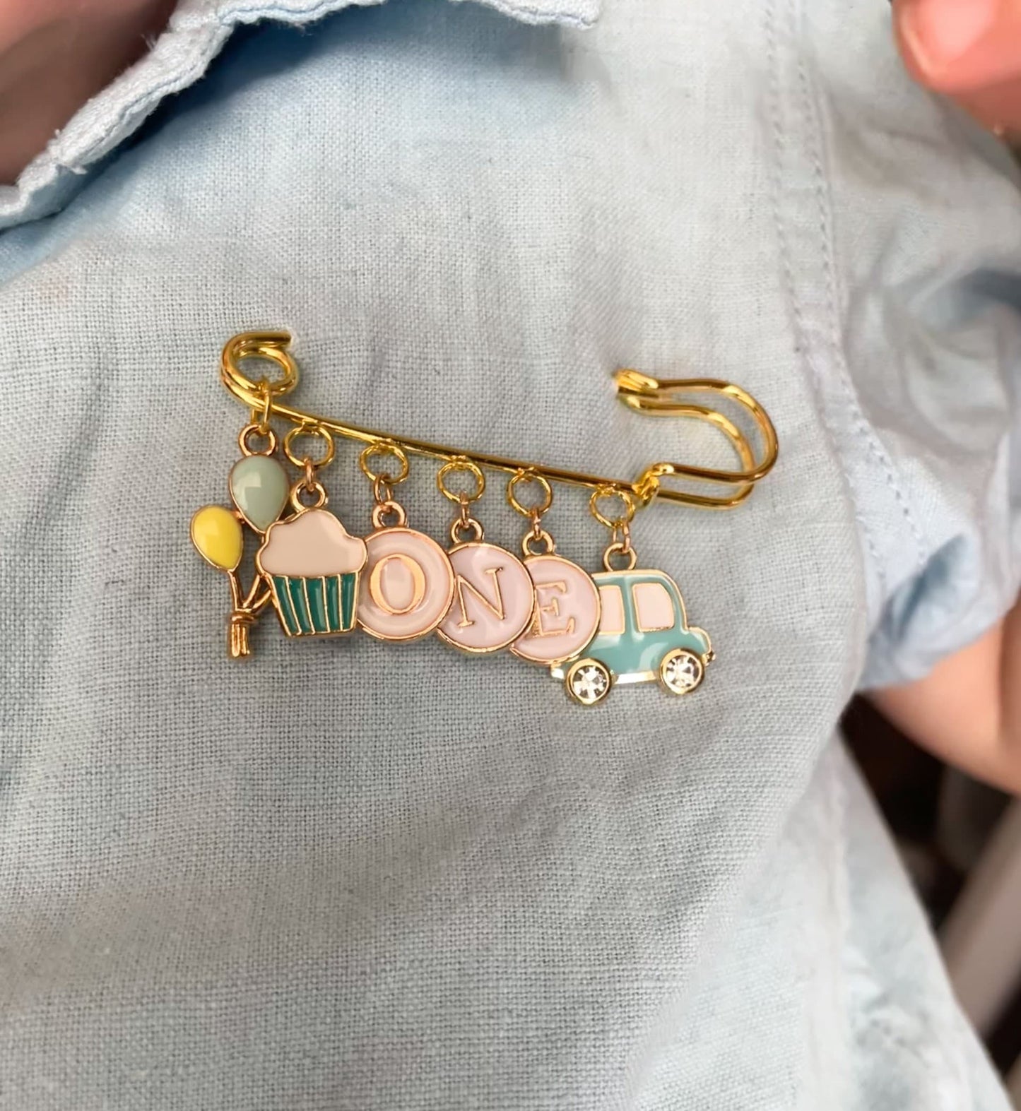 Personalized 1st Birthday Keepsake Pin: Gold Safety Pin with Charms