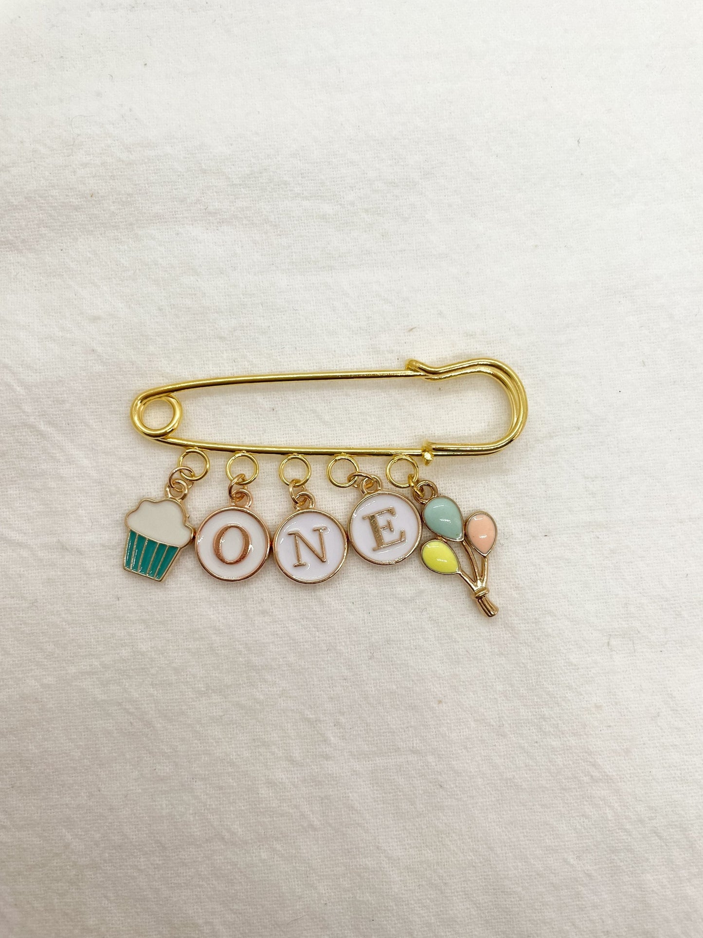 Personalized 1st Birthday Keepsake Pin: Gold Safety Pin with Charms