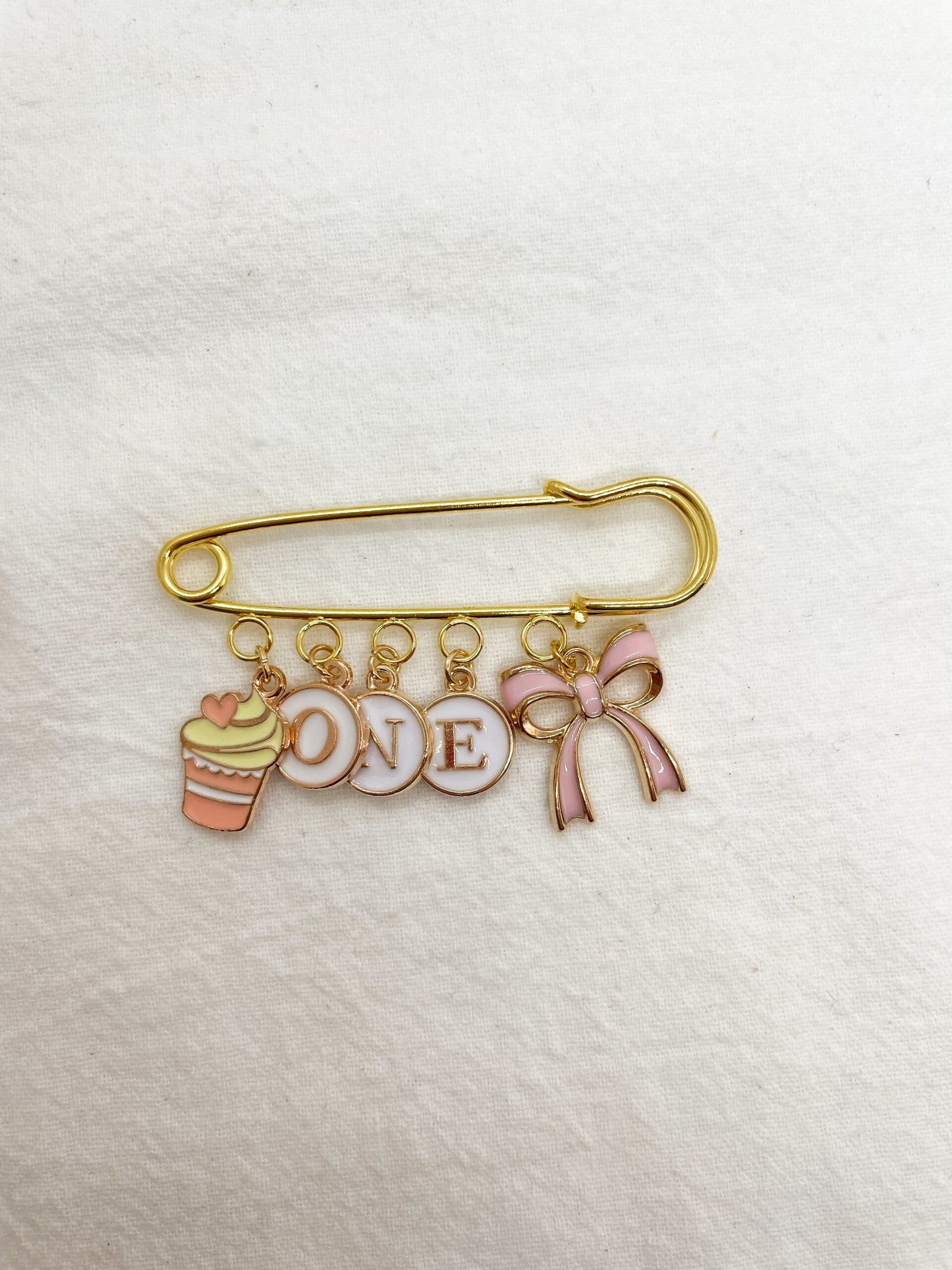 Personalized 1st Birthday Keepsake Pin: Gold Safety Pin with Charms