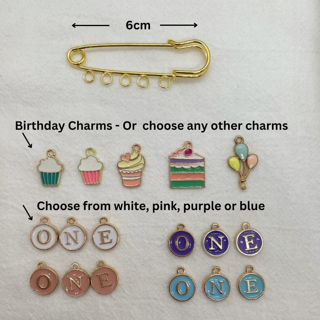 Personalized 1st Birthday Keepsake Pin: Gold Safety Pin with Charms