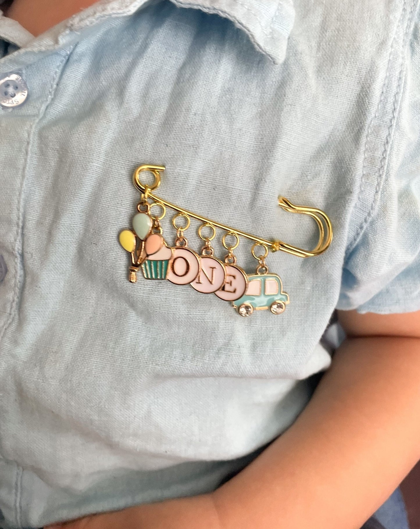 Personalized 1st Birthday Keepsake Pin: Gold Safety Pin with Charms