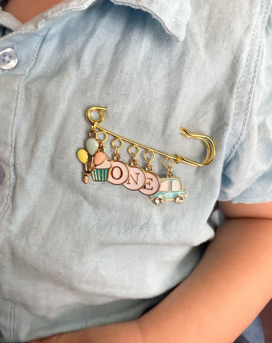 Personalized 1st Birthday Keepsake Pin: Gold Safety Pin with Charms
