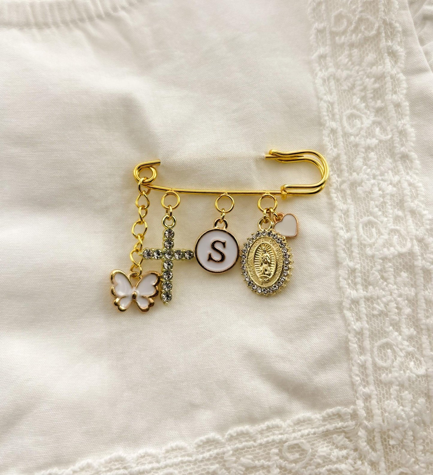 Personalized Baby Keepsake Pin: Gold Safety Pin Brooch with Charms