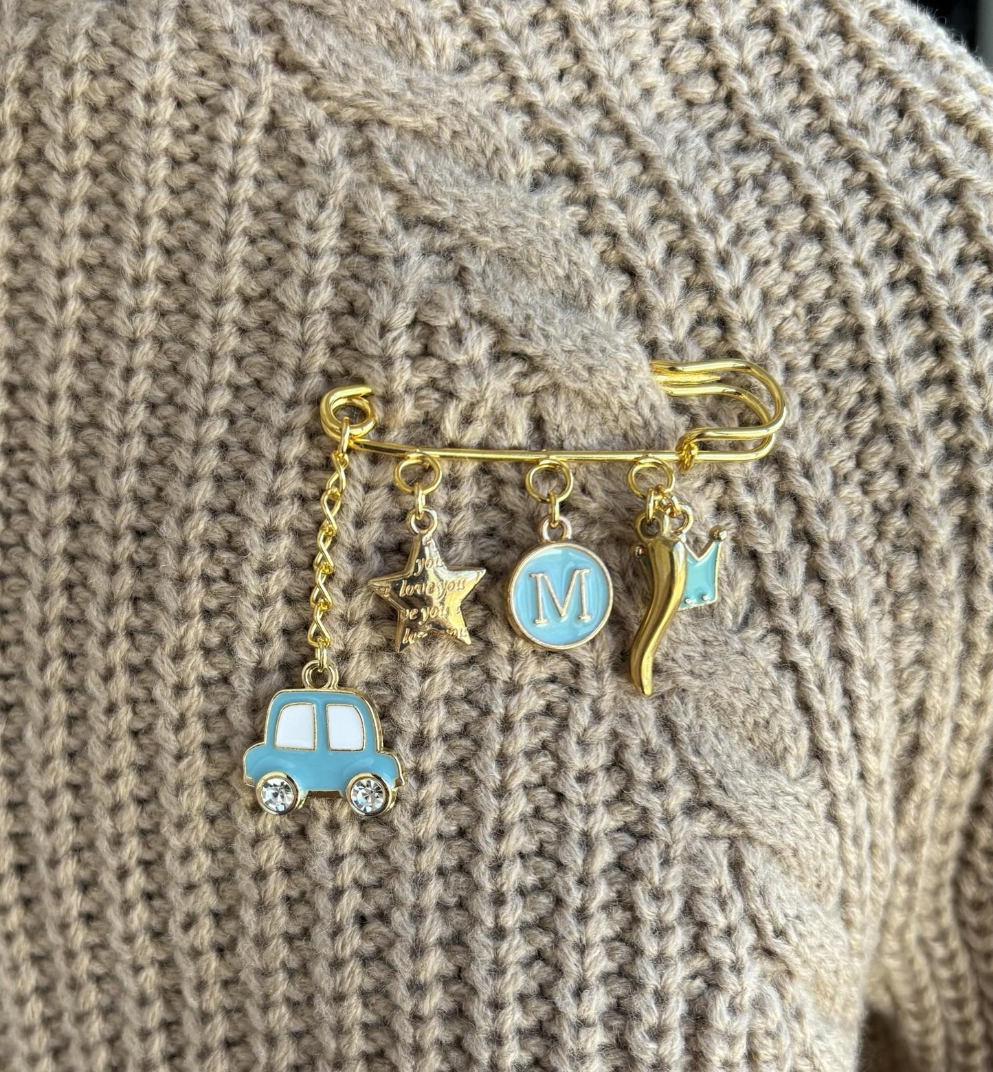 Personalized Baby Keepsake Pin: Gold Safety Pin Brooch with Charms
