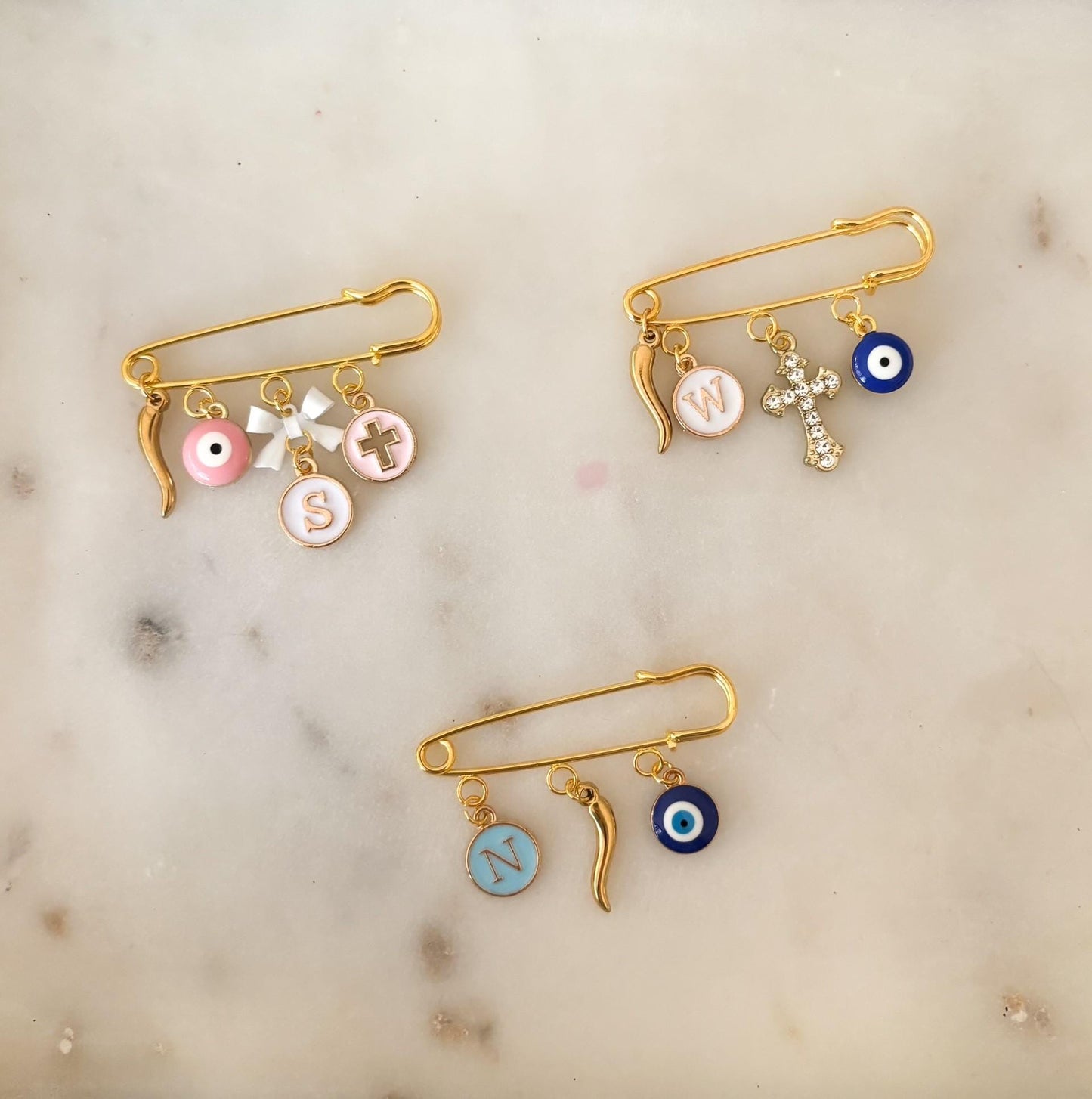 Personalized Evil Eye Baby Pin: Gold Safety Brooch, Protection Jewelry