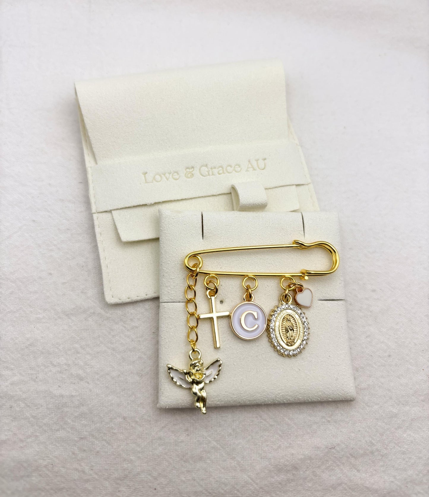 Personalized Baby Keepsake Pin: Gold Safety Pin Brooch with Charms
