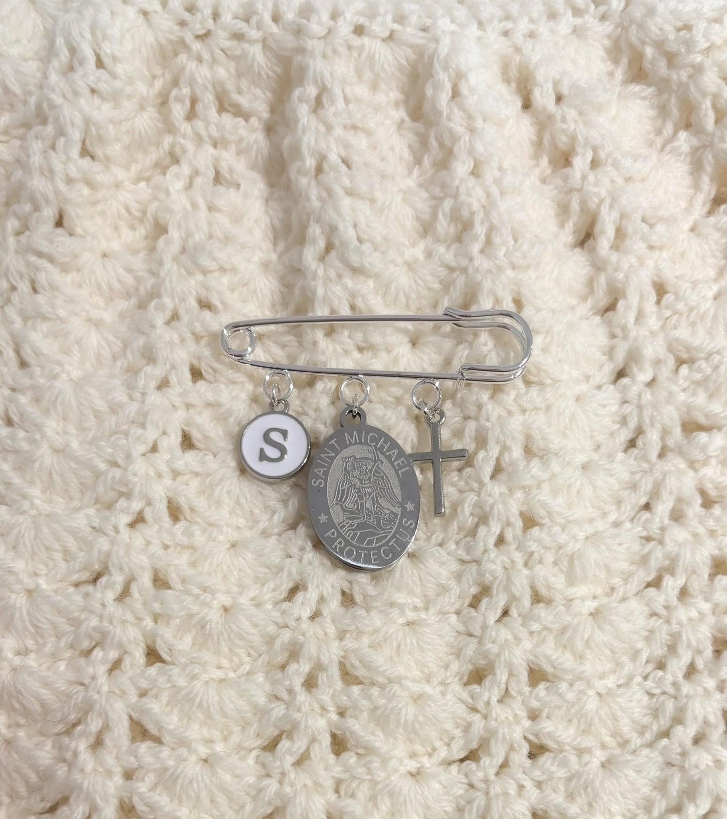 Personalized St Michael Baby Pin: Christening Gift, Silver Keepsake