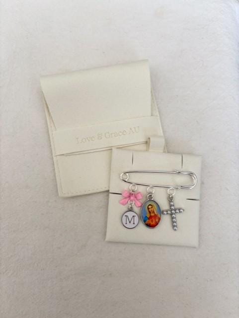 Blessed Mother Mary and Jesus Personalized Catholic Baby Keepsake Pin: Christening or Baptism Gift