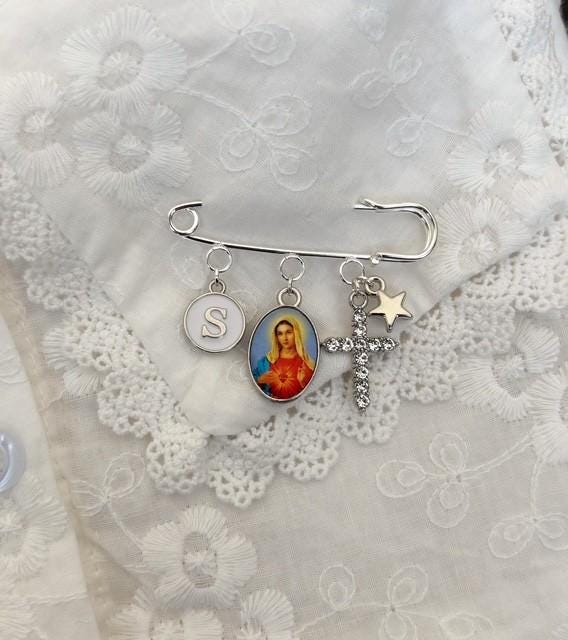 Blessed Mother Mary and Jesus Personalized Catholic Baby Keepsake Pin: Christening or Baptism Gift