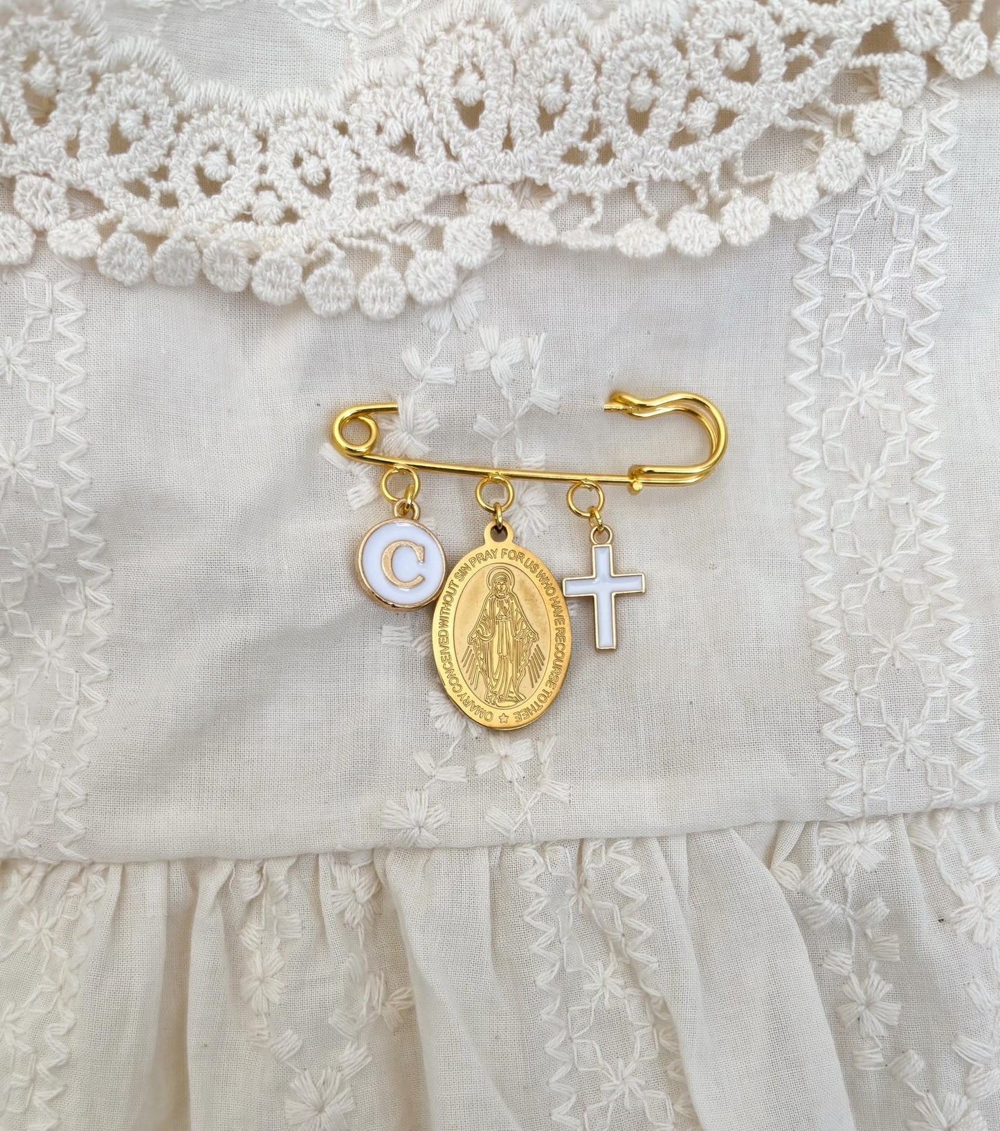Personalized Virgin Mary Baby Pin: Catholic Christening Gift