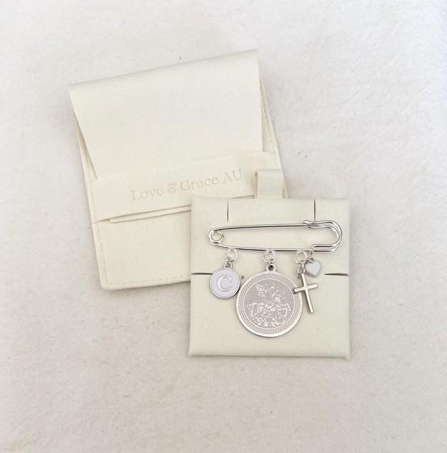 St George Personalized Baby Pin: Christening Gift, Silver Catholic Keepsake