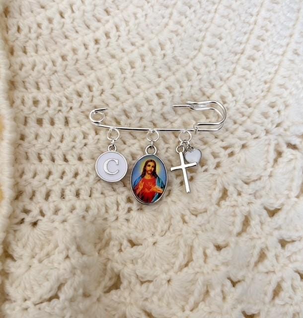 Blessed Mother Mary and Jesus Personalized Catholic Baby Keepsake Pin: Christening or Baptism Gift