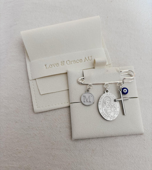 St Anthony Personalized Baby Pin: Christening Gift, Silver Catholic Keepsake