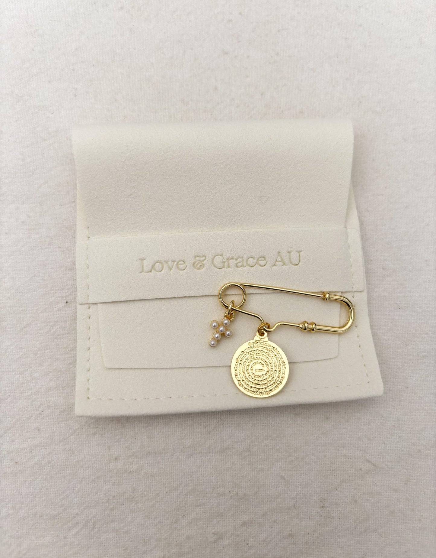 The Lord's prayer Baby Keepsake Pin - Gold pearl cross and prayer charm