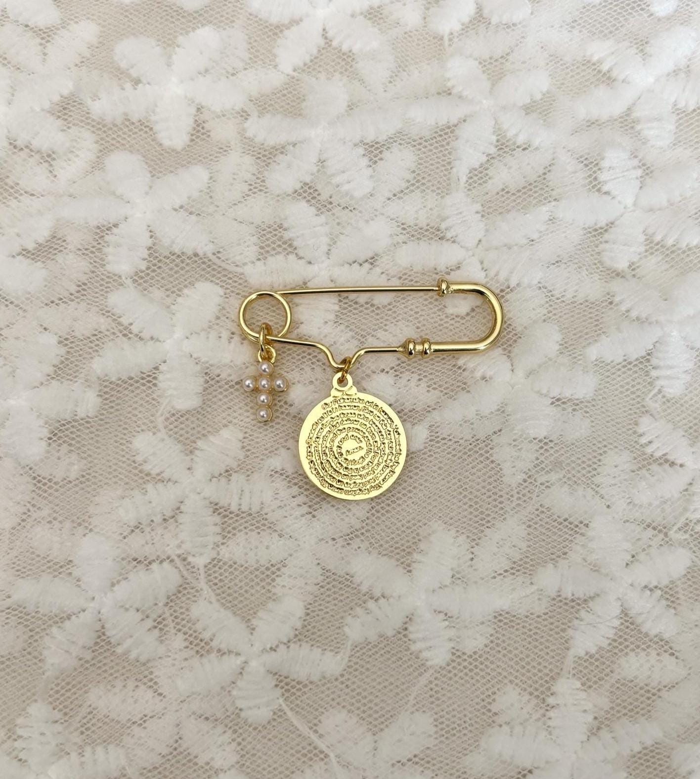 The Lord's prayer Baby Keepsake Pin - Gold pearl cross and prayer charm