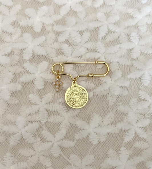 The Lord's prayer Baby Keepsake Pin - Gold pearl cross and prayer charm