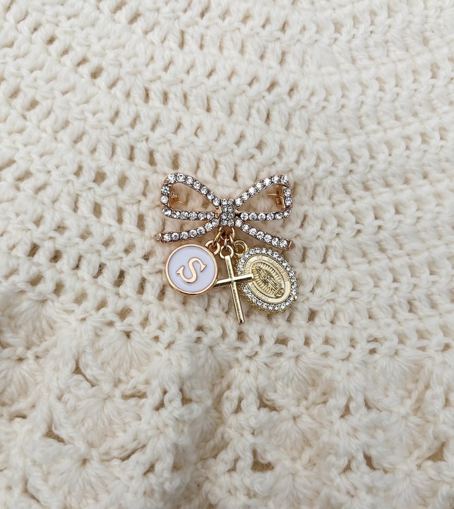 Catholic Baptism Baby Pin | Virgin Mary & Cross Charm, Personalized Initial Keepsake