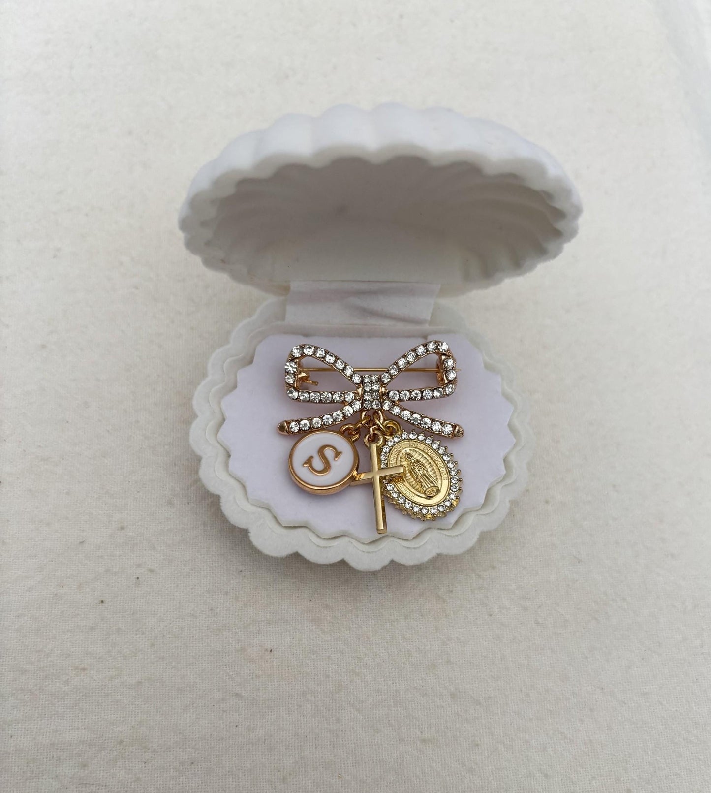 Catholic Baptism Baby Pin | Virgin Mary & Cross Charm, Personalized Initial Keepsake