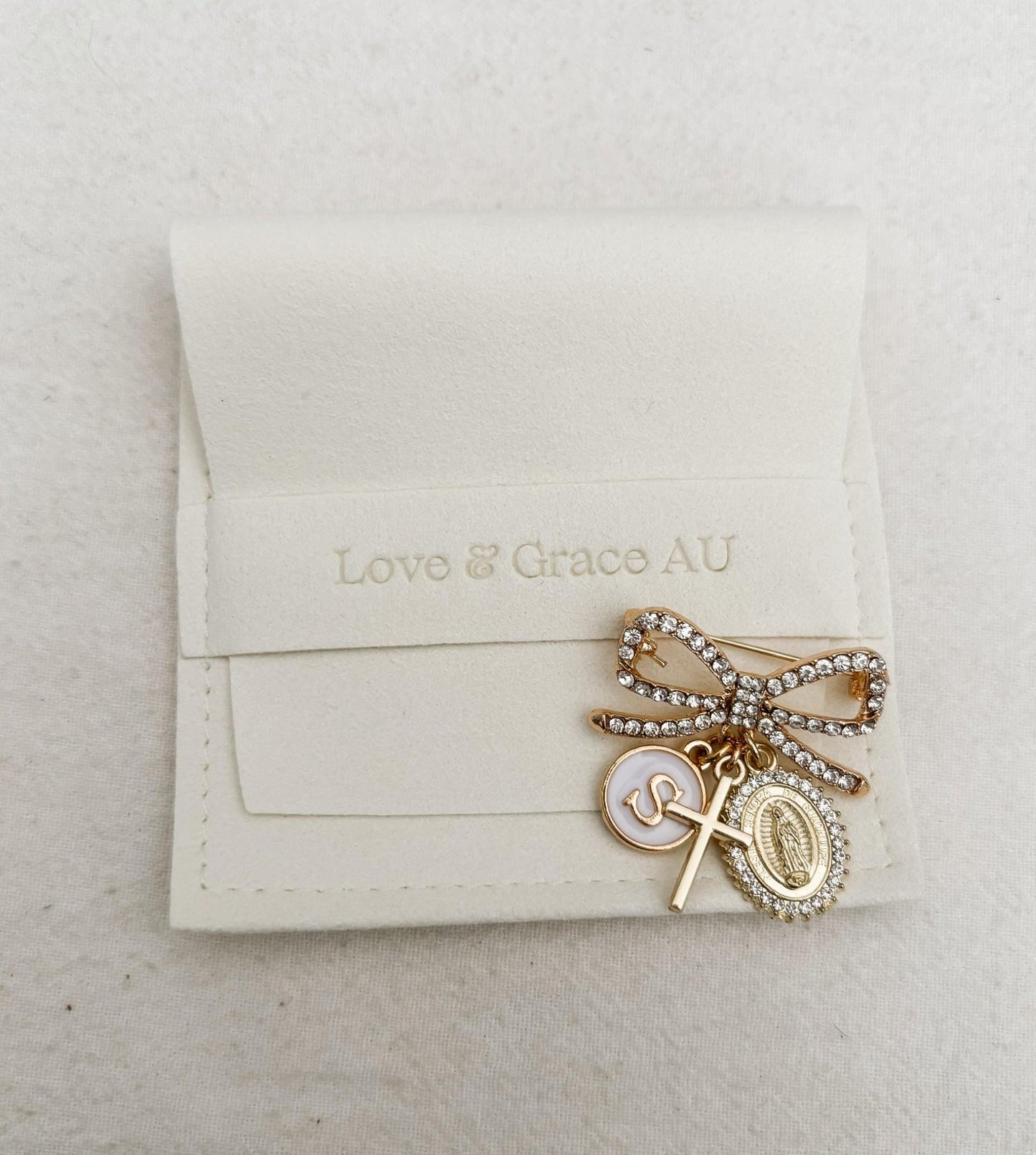 Catholic Baptism Baby Pin | Virgin Mary & Cross Charm, Personalized Initial Keepsake