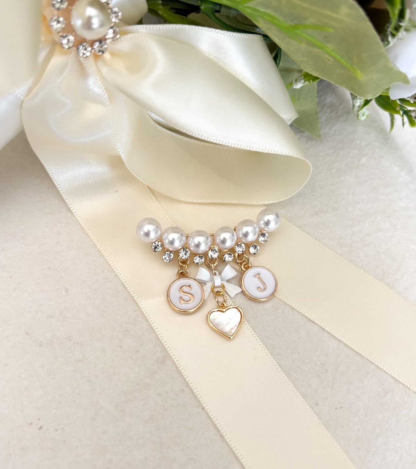Personalized Wedding Brooch: Initial Charms, Pearl Heart, Diamante Pin