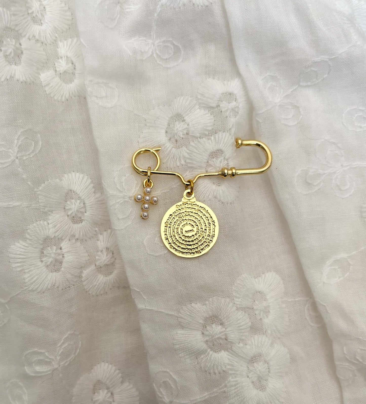 The Lord's prayer Baby Keepsake Pin - Gold pearl cross and prayer charm