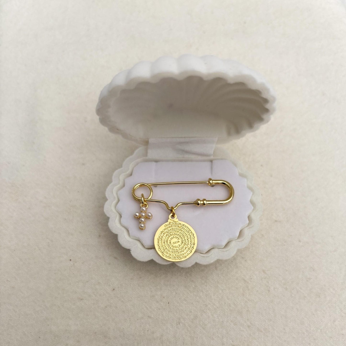 The Lord's prayer Baby Keepsake Pin - Gold pearl cross and prayer charm