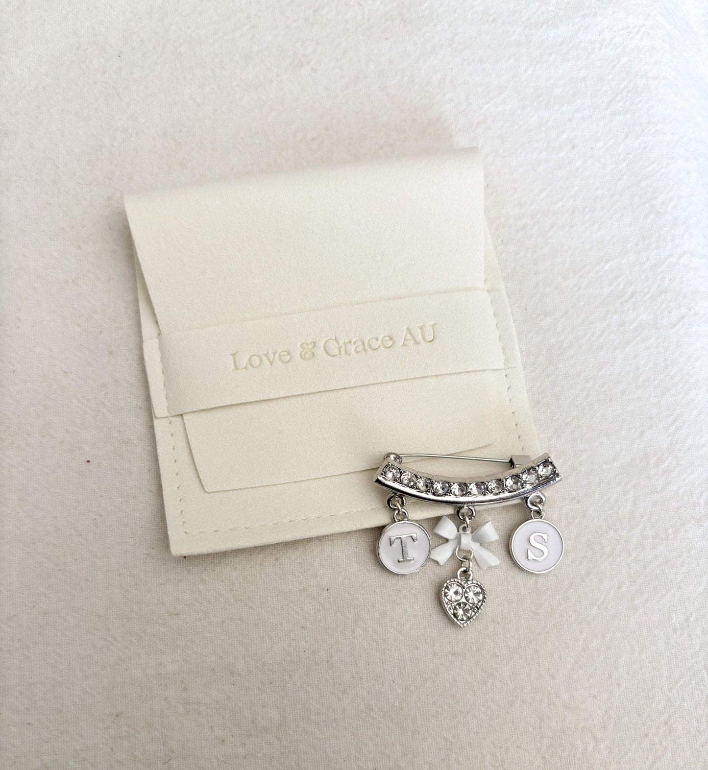 Personalised Silver Diamante Wedding Brooch with Initials & Heart Charm