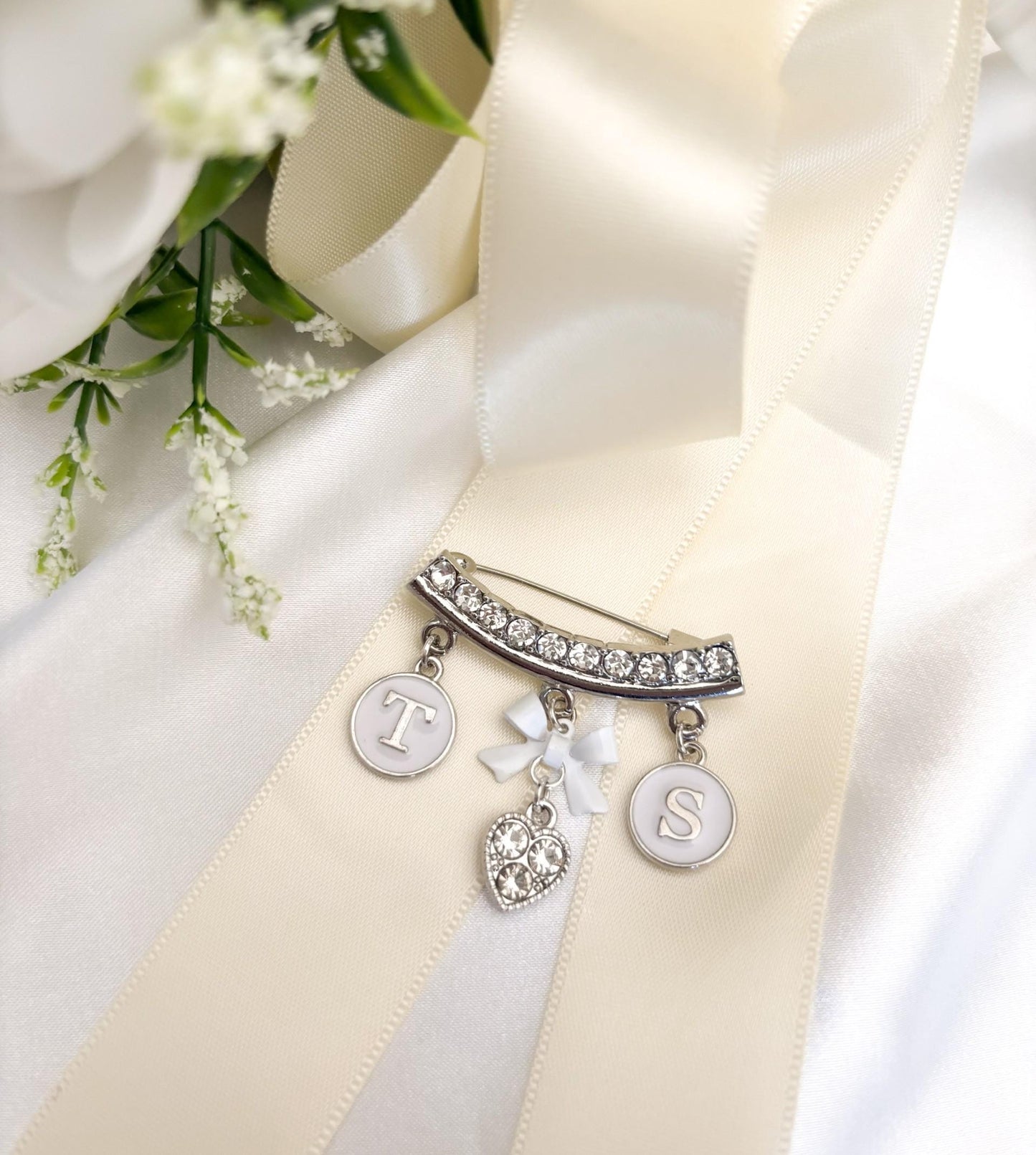 Personalised Silver Diamante Wedding Brooch with Initials & Heart Charm