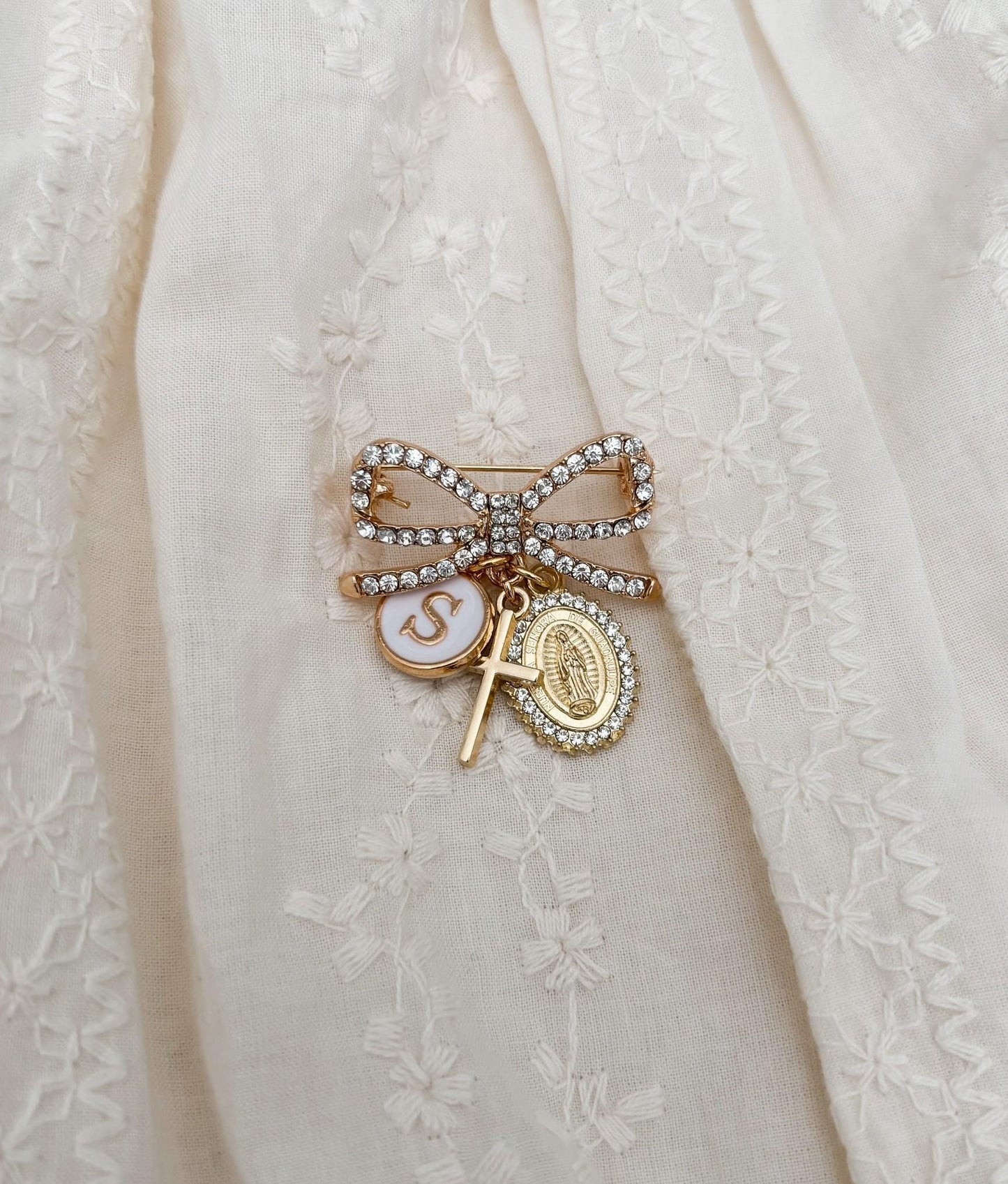 Catholic Baptism Baby Pin | Virgin Mary & Cross Charm, Personalized Initial Keepsake