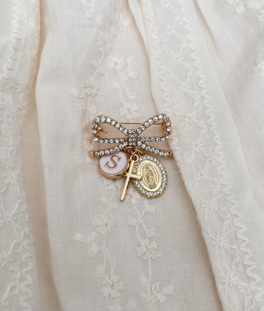 Catholic Baptism Baby Pin | Virgin Mary & Cross Charm, Personalized Initial Keepsake