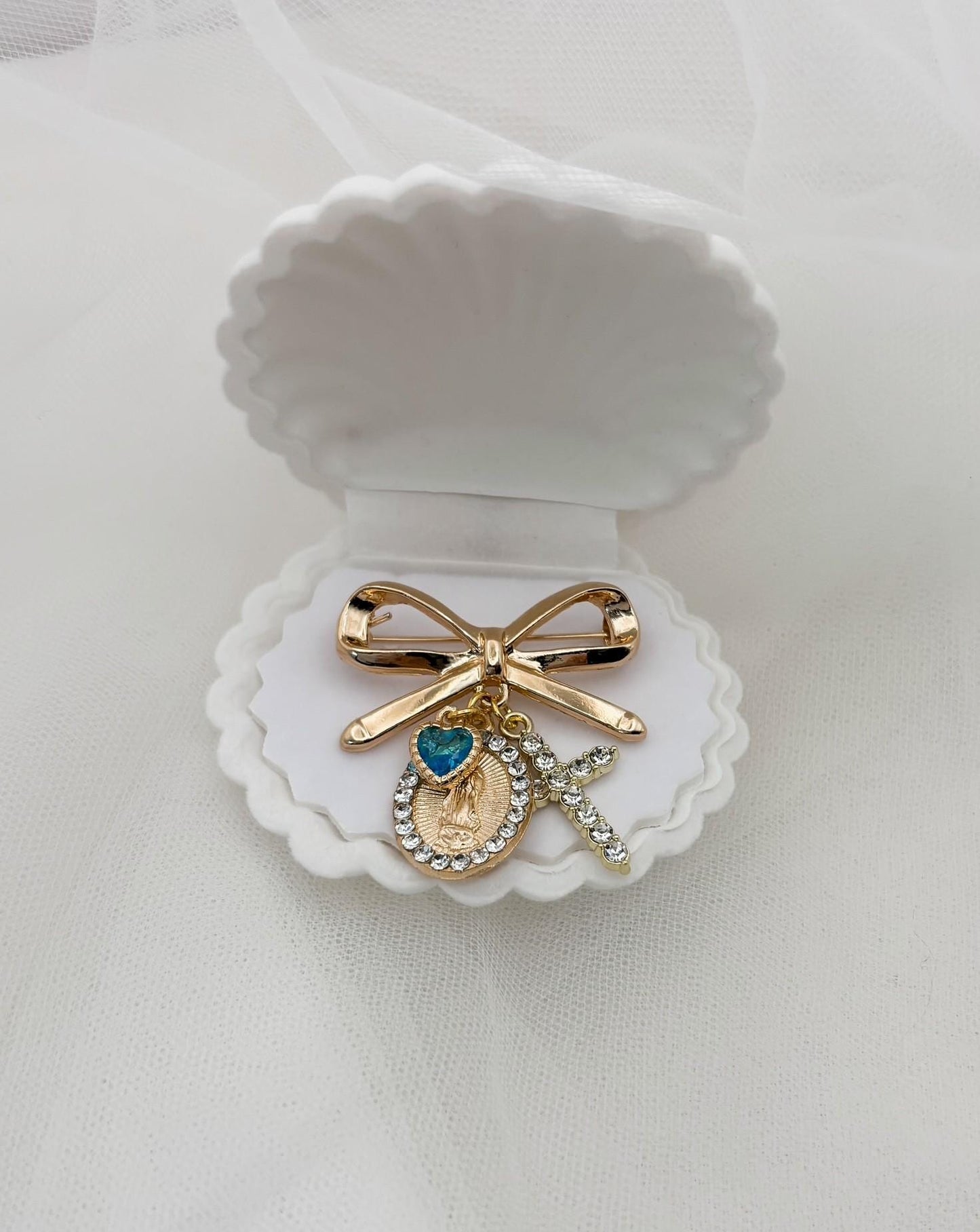 Something Blue Bridal Bouquet Pin - Virgin Mary wedding jewellery