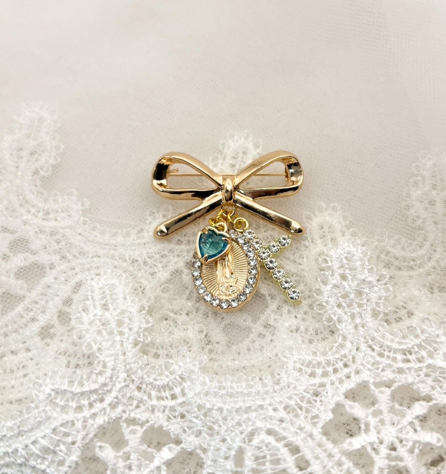Something Blue Bridal Bouquet Pin - Virgin Mary wedding jewellery