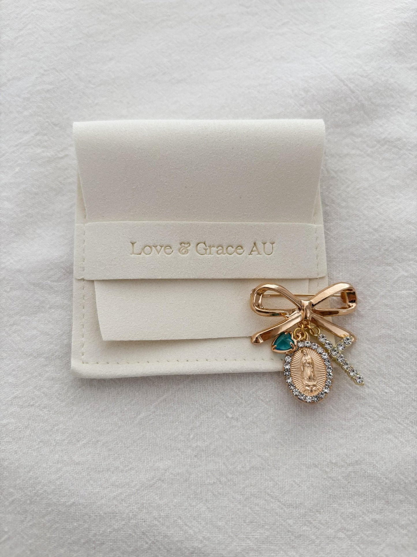 Something Blue Bridal Bouquet Pin - Virgin Mary wedding jewellery