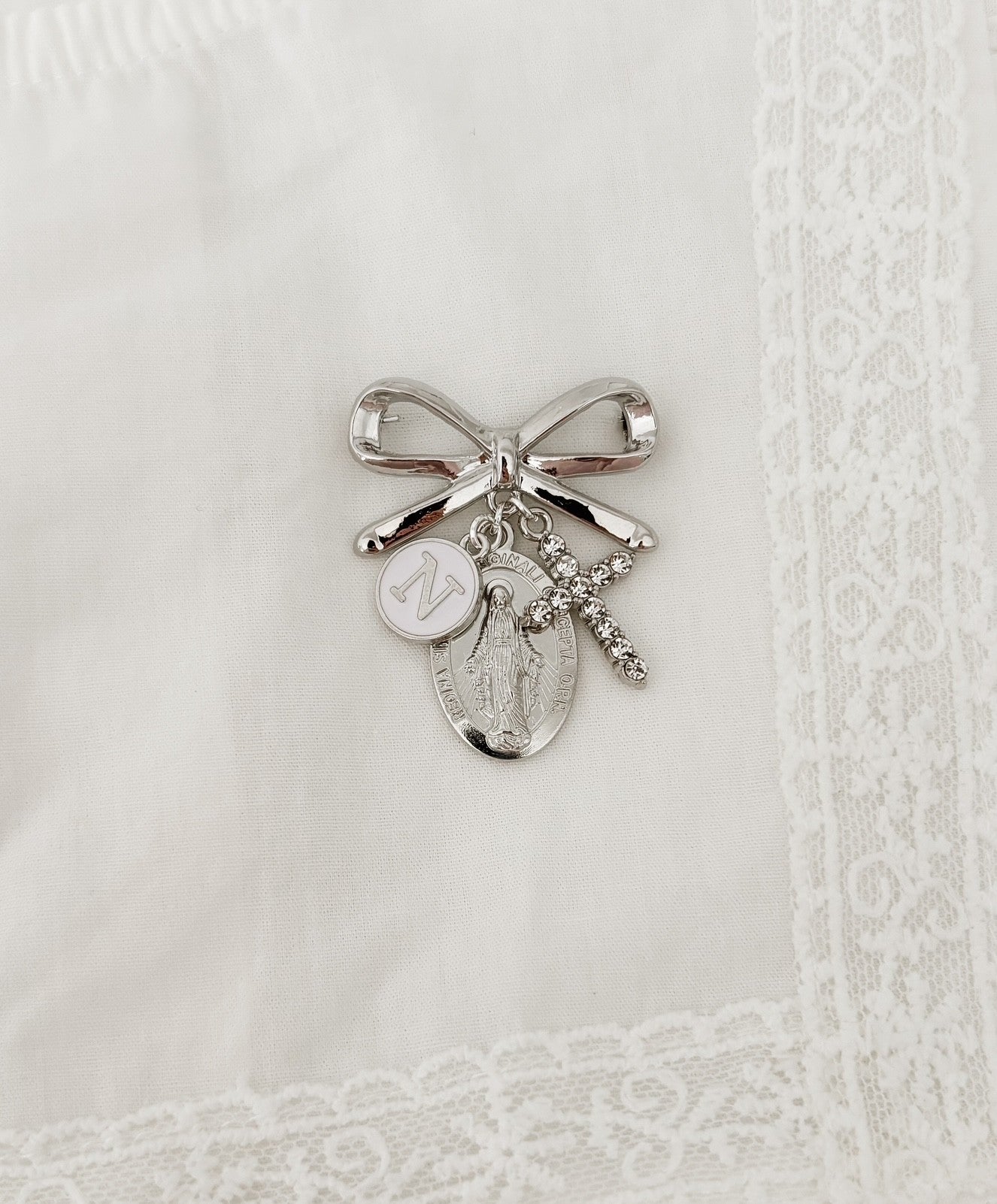 Silver bow brooch personalised baby keepsake pin