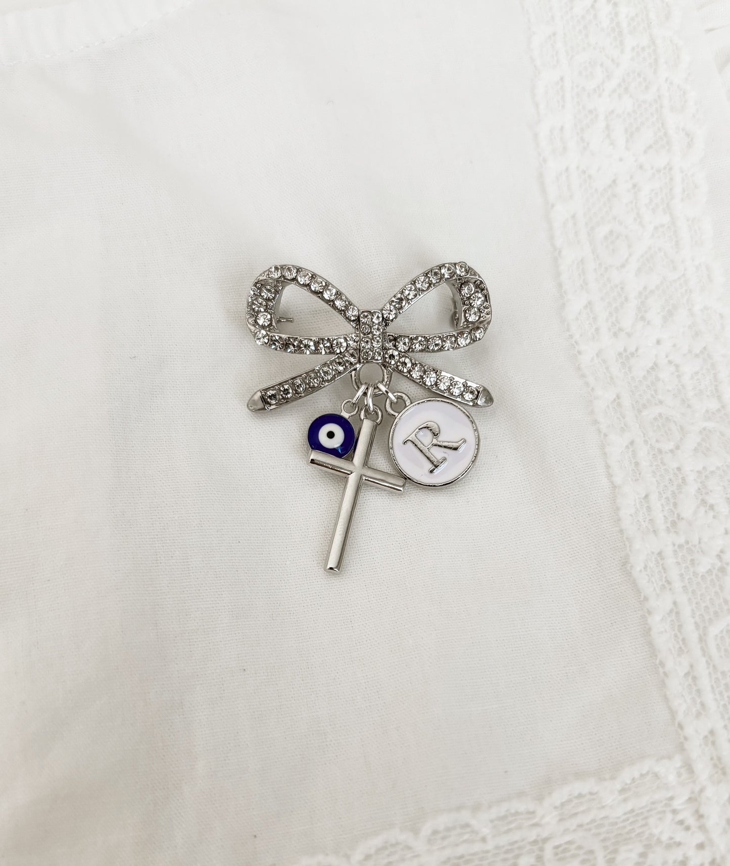 Silver Diamante bow brooch personalised baby keepsake pin