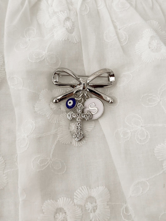 Silver bow brooch personalised baby keepsake pin