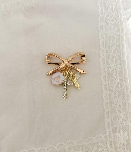 Gold bow brooch personalised baby keepsake pin