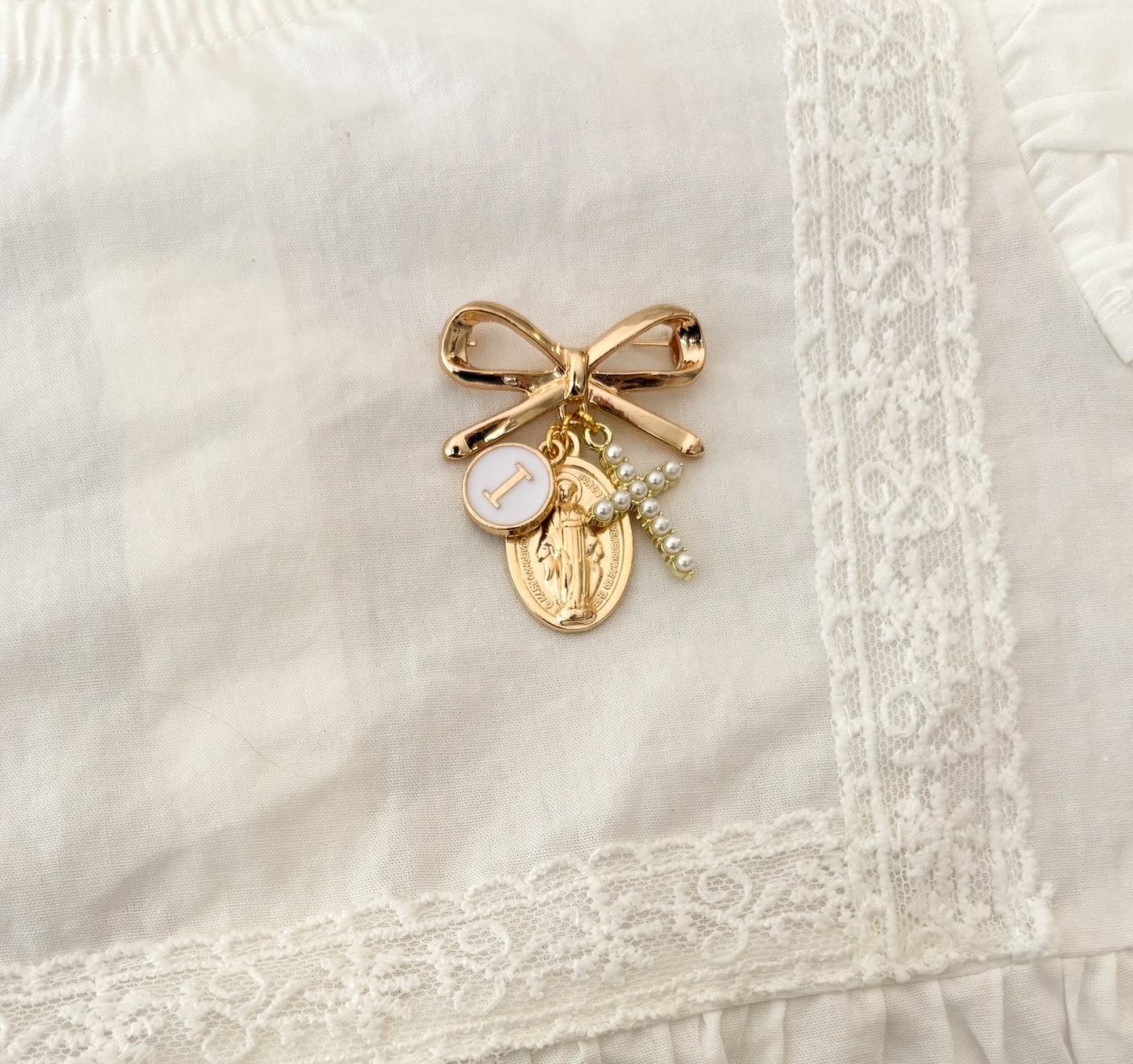 Catholic Virgin Mary Personalised Protection bow brooch